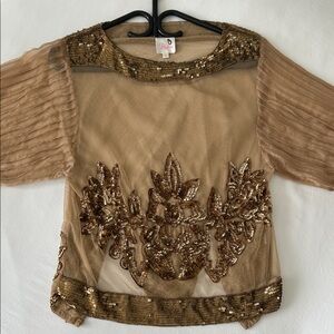 Parker Caramel Gold Sequin Sheer Blouse M Lux +++